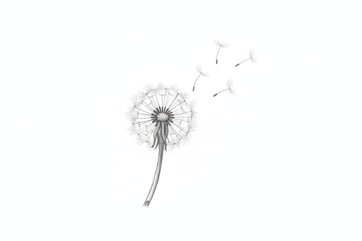 Floating dandelion with stem hand-drawn grey white