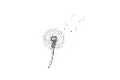 Floating dandelion with stem hand-drawn grey white